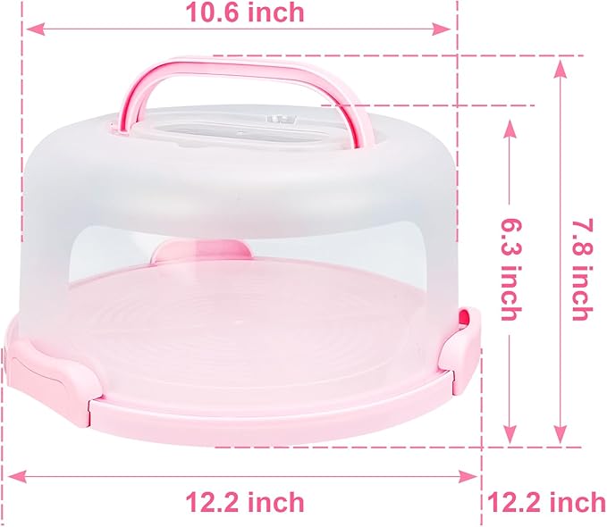 Cake Carrier with Lid and Handle, Fit 10’’ Cake Stand with Lid, Cake Transport Storage Container, Cake Containers Cover Stand with Lids, 3 Secure Side Closures (Pink)