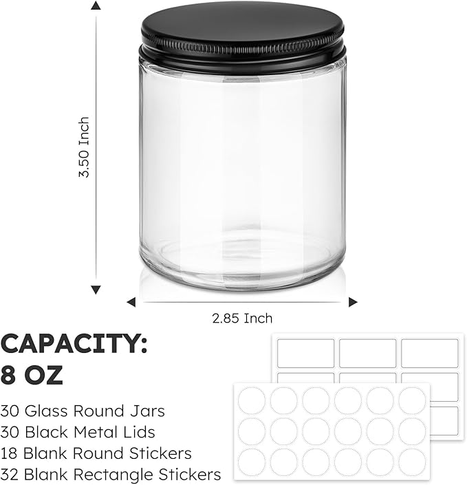 Tecohouse 8 oz Glass Jars with Lids, 30 Pack Candle Jars Canning Mason Jars with Lids, White Labels & Inner Liners, Empty Airtight Round Clear Slime Containers for Cream, Spice, Lotion, Ointments