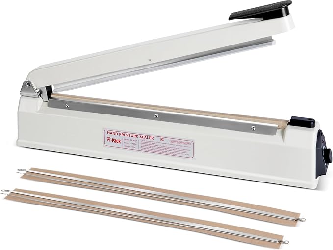 Impulse Heat Sealer with Seal bar, Heavy-Duty Bag Sealing & Cutting Machine, 2 Extra Replacements (white, 12inch)