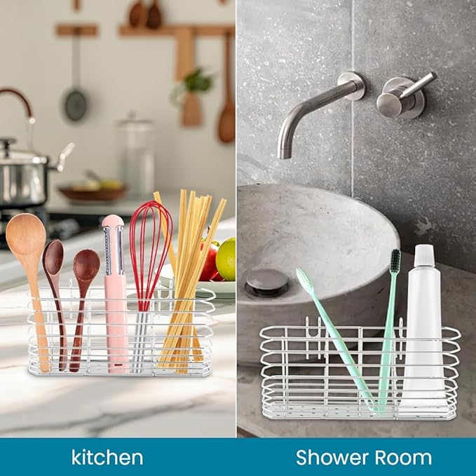 Utensil Drying Rack, 304 Stainless Steel Utensil Organizer Holder No Drilling Kitchen Drainage Basket with 3 Divided Compartments(COLOR:Silver)