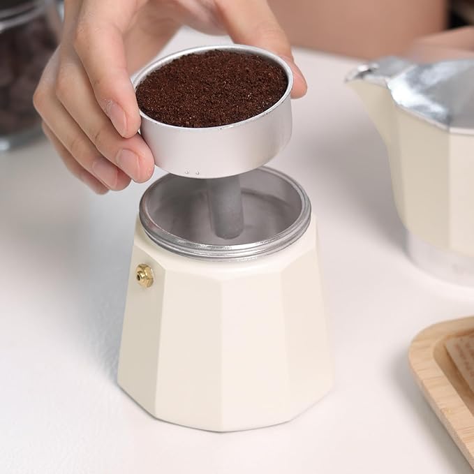 Sivaphe Aluminum Moka Pot 6 Espresso Cups, Percolator Espresso and Coffee Maker, Portable Stovetop Italian and Cuban Café Brewer for Home and Camping White