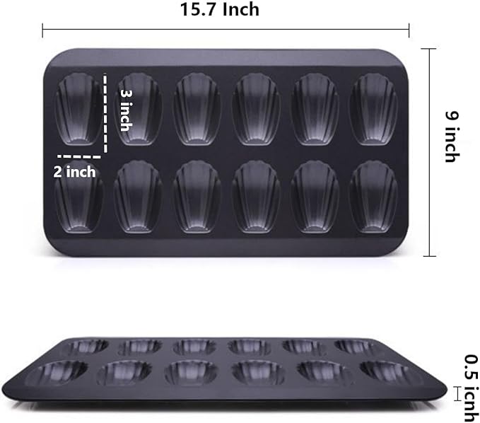 Madeleine Pans for Baking (2-Pack) 12 cup Madlen Mold Makes Shell Shape Cake Cookies Nonstick Carbon Steel Madeline Tray for Oven Black