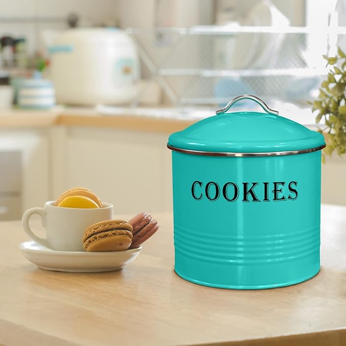 Blue Donuts Vintage Cookie Tin - Airtight, Large, Turquoise Cookie Jar with Lid for Kitchen Counter & Gift Giving