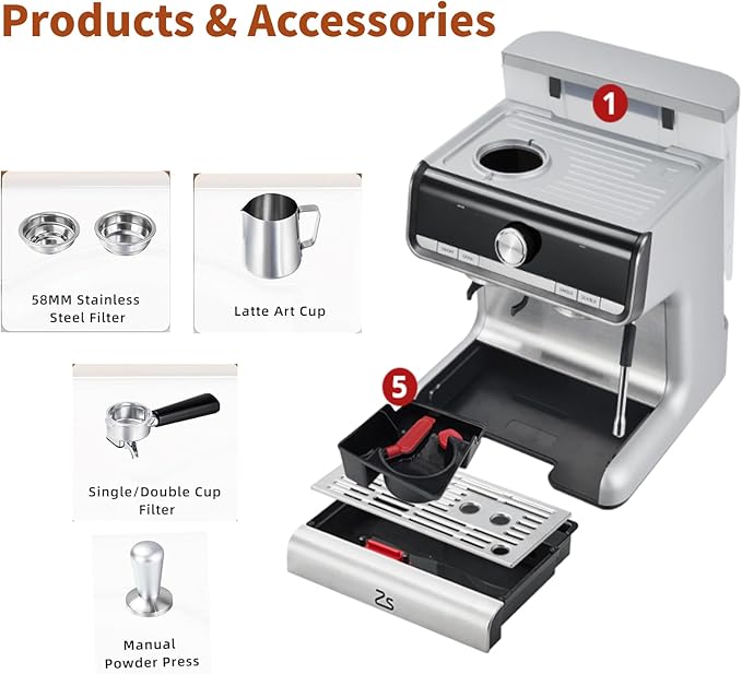 20 Bar Espresso Machine with Grinder, Professional Espresso Coffee Maker with Milk Frother, Brushed Stainless Steel, 1450W 2.8L Water Tank, for Home, Commercial Cappuccino Machines