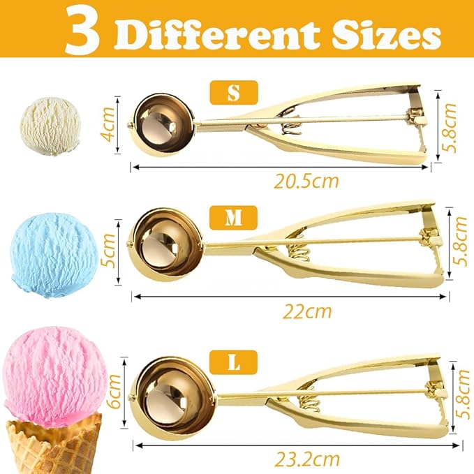 Gold Ice Cream Scoop 304 Stainless Steel Cookie Scoops for Baking Melon Baller with Trigger 3 Sizes (Gold, S)