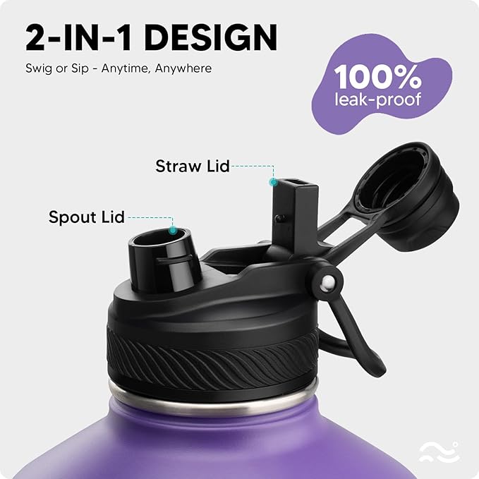 Swigina [2-IN-1 LID] Gallon Insulated Water Bottle with Silicone Boot (48hrs Cold/24hrs Hot) - DIY Stickers, Leakproof, BPA Free, 128 oz