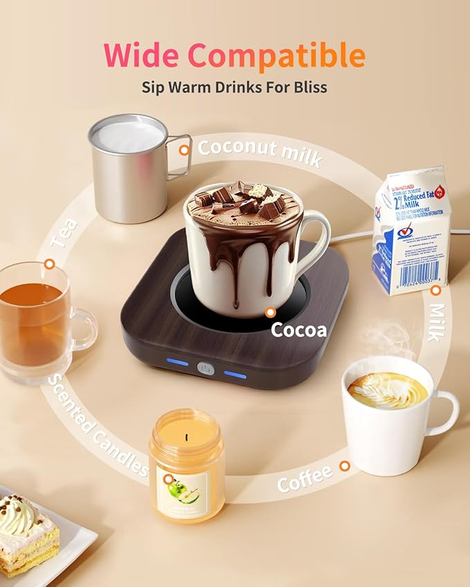Mug Warmer - 3-Temp Settings Coffee Mug Warmer for Desk with 4 Hrs Auto Shut Off, Fastest Heating & Smart Wood Candle Warmer - Ideal Coffee Gifts Accessories Keep Beverages Coffee Warmer
