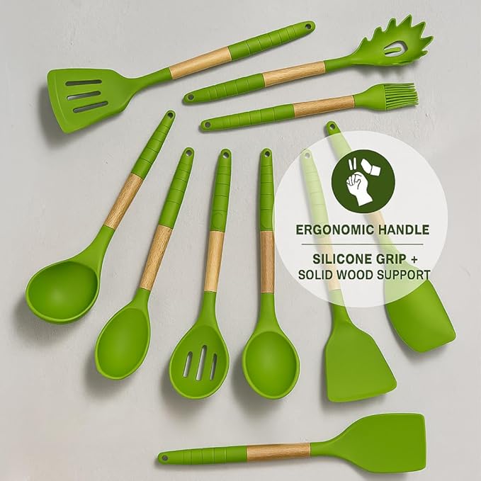 Green Silicone Kitchen Utensil Set – 10-Piece Cooking Tools with Wooden Handles & Ventilated Bamboo Holder, Heat-Resistant Silicone, Nonstick Safe, BPA-Free Kitchen Gadgets Set – Sage Green