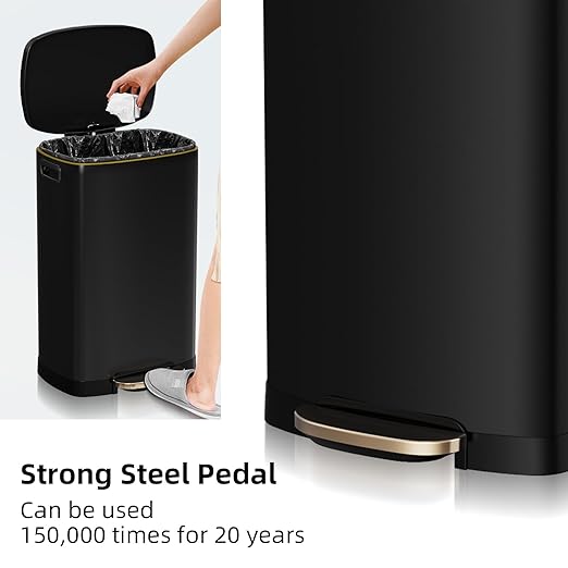KdbK 13 Gallon Trash Can with Lid, 50L Fingerprint Proof Stainless Steel Kitchen Trash Can with Removable Inner Bucket and Lid Soft Close, Pedal Rubbish Bin for Home Office, Black