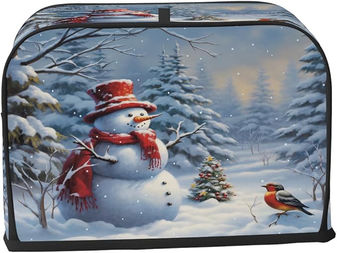 2 Slice Toaster Cover,Snowy Forest Christmas Tree Snowman Bird Small Kitchen Appliance Bread Machine Cover with Pockets,Dust & Fingerprint Protection