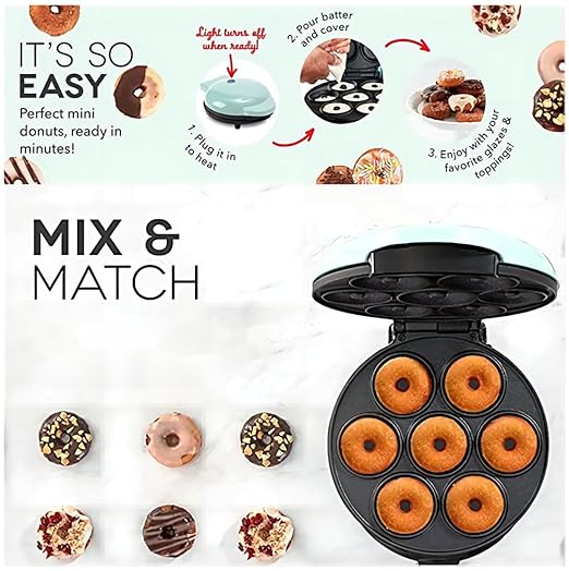 Donut Maker, Electric Non-Stick Surface Makes 7 Small Doughnuts Mini Donut Maker Machine, Mini Doughnut Maker Pancake Maker for Breakfast, Snacks, Desserts & More, Pink