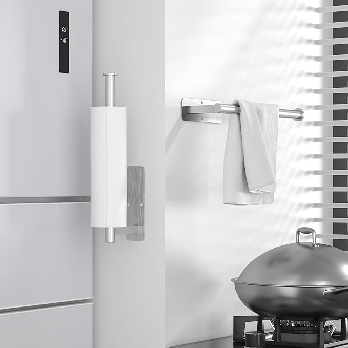 ASTOFLI Paper Towel Holder Under Cabinet No Drilling, Self Adhesive Paper Towel Holder Wall Mount for Kitchen Rack, Under Counter Napin Holder No Drill, RV, 304 Stainless Steel, Silver 2 Pack
