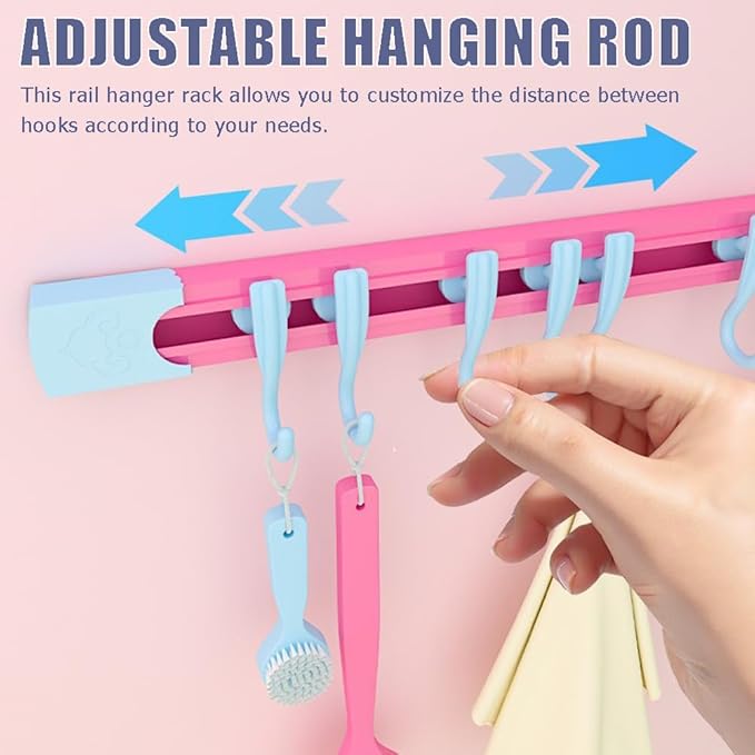 Utility Slide Rail Hook,Under Cabinet Kitchen No Punching Hooks for Hanging Utensil,Bathroom Bedroom Office Wall Door Rack with 10 Hooks,2Pieces