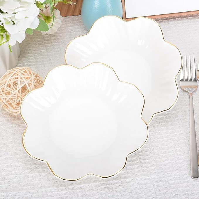 Porcelain Serving Dish,Ceramics Flower Relish Tray with Metallic Rim,Serving Bowls for Wedding,Party Perfect for Small Cereal, Pasta, Salad, Candy and Snacks White 6.6 inch (2pc-6.6 inch)