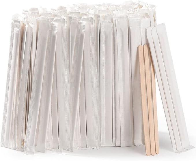 MFJUNS 500pcs Individually Wrapped Coffee Stirrers Wood - 7" Coffee Stir Sticks, Round End Disposable coffee stirrer, For Coffee, Cocktail and Hot Drinks