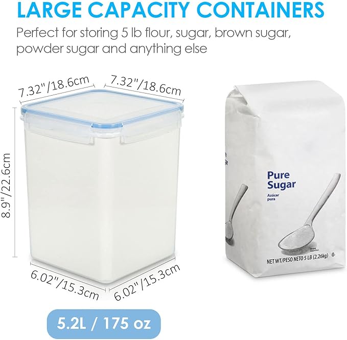 Vtopmart Large Food Storage Containers 5.2L / 175oz, 4 Pieces BPA Free Plastic Airtight Canisters for Flour, Sugar, Baking Supplies, Rice with Lids, 4 Measuring Cups and 24 Labels, Blue