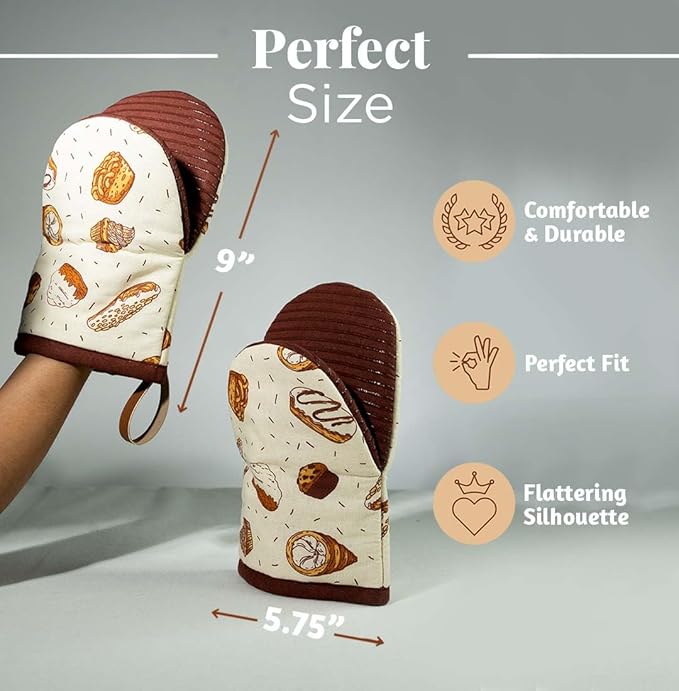 Folkulture Mini Oven Mitts Heat Resistant | (5.75 x 9) Set of 2 Short Oven Mitts with Hanging Loop | 100% Cotton Oven Gloves or Kitchen Mittens | Small Silicone Oven Mits or Baking Accesories