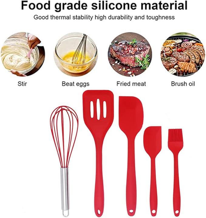 NatureMan 5 Pieces Non-Stick Food Silicone Kitchenware Utensils- Kids Cooking Sets - for Cooking Baking Mixing, Stirring-Ergonomic Dishwasher Safe（Red）