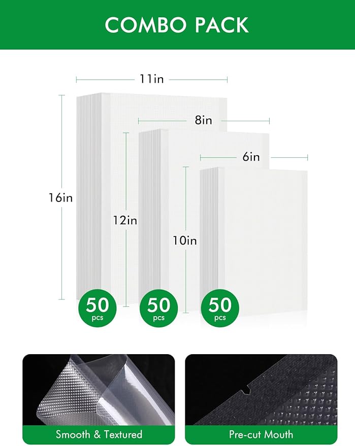 Vacuum Sealer Bags For Food-150 Quart 11"x16"and Quart 8"x12"and Pint 6"x10"-Commercial Grade BPA Free Bag-Durable Customized Size Food Vac Bags for Storage and Sous Vide Cooking-Puncture Prevention