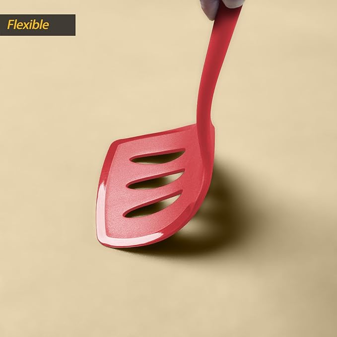 Silicone Pancake Spatula Turner with Lengthened Handle& Seamless Design, Heat Resistant Slotted Flipper for Nonstick Cookware, Large Flexible Kitchen Utensils for Egg, Pancake, Burger, Red