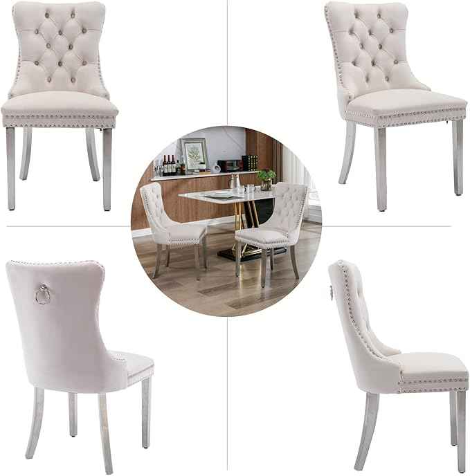 Velvet Dining Chairs Set of 6, Upholstered Dining Room Chairs with Back Ring Pull Trim and Sliver Stainless Steel Legs,Modern Kitchen Chairs Perfect for Dining Room,Living Room,Kitchen(Beige)
