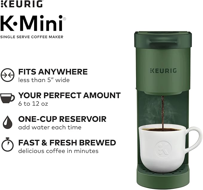 Keurig K-Mini Single Serve Coffee Maker with 6-12Oz Cup Sizes, Quick Brewing, and Removable Drip Tray (Evergreen, Renewed)