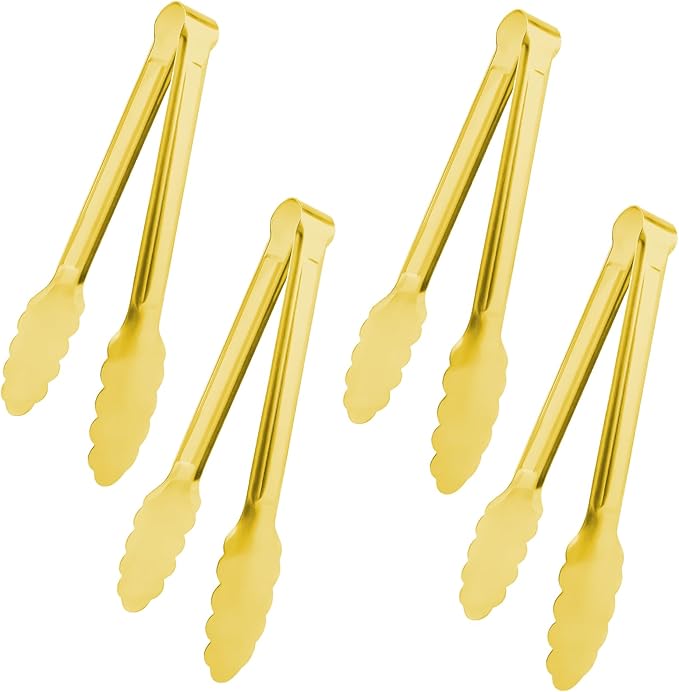 4 Pack 9 Inch Gold Tongs for Serving Food, Gold Serving Tongs Buffet Tong Stainless Steel Utensils, Metal Kitchen Tong for Salad, Steak, Appetizer, Snack and Small Food (4)