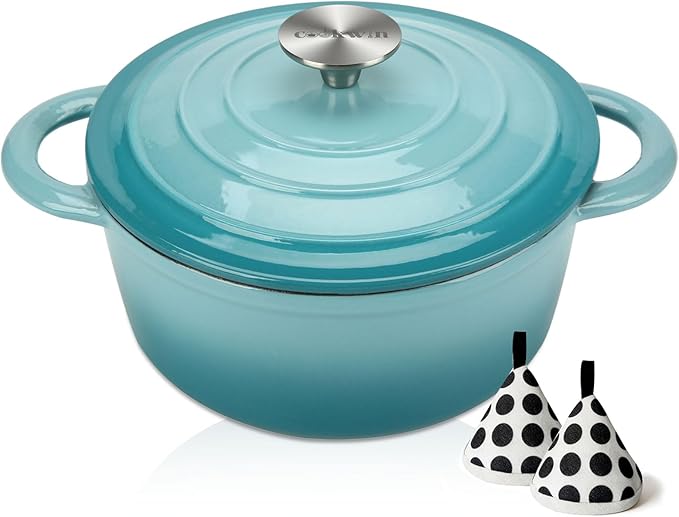 COOKWIN Enameled Cast Iron Dutch Oven, 5 QT Bread Baking Pot with Self Basting Lid, Non-stick Enamel Coated Cookware Pot, Great Christmas Gifts for Family, Teal