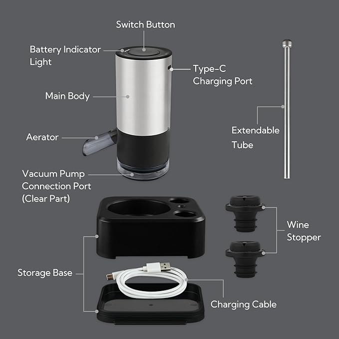 KITCHENDAO Rechargeable Electric Wine Aerator Dispenser and Wine Saver Pump, Built-in Sound Indicator, Automatic Wine Pourer with USB-C Cable, Storage Base and 2 Stoppers, Ideal Gift for Wine Lovers