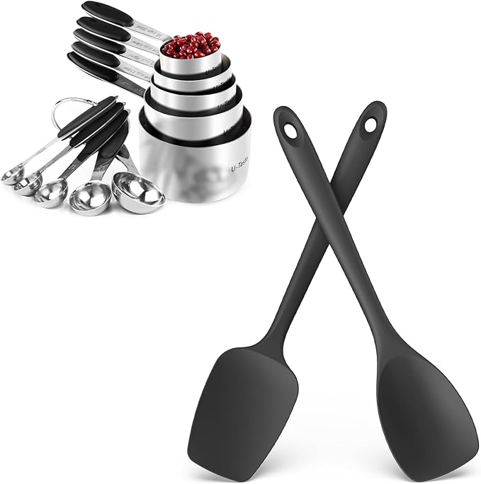 U-Taste 18/8 Stainless Steel Measuring Cups and Spoons Set of 10 and 600ºF Heat Resistat Silicone Flexible Baking Spoon Spatula & Cooking Scoop Spoonula (Black)