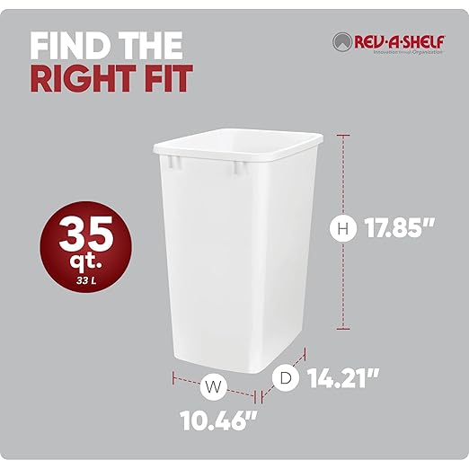 Rev-A-Shelf 2-Pack 35 Quart Polymer Replacement Trash Bin, Recycle Waste Garbage Container for Kitchen Cabinet Pullouts, White, RV-35-11-2 - Large Plastic Bins for Home and Office