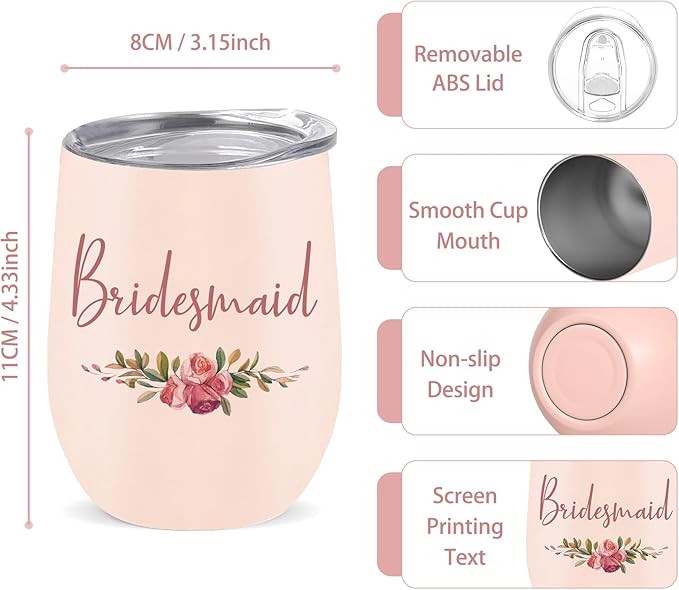 CARAKNOTS Bridesmaid Proposal Gifts Bridesmaid Cups Set of 5 Wedding Tumbler for Bridal Shower Engagement Bachelorette Party Favor Maid Pink Stainless Steel Wine Tumbler with Lid and Straw 12 oz