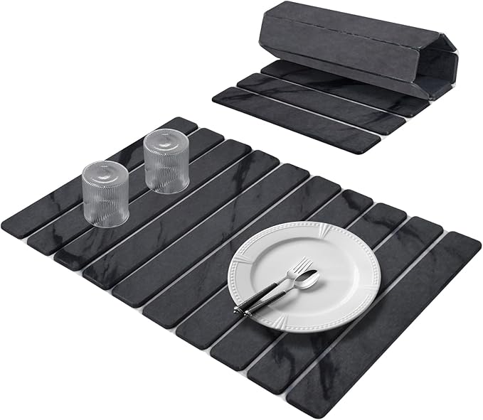 Large Stone Dish Drying Mats for Kitchen Counter, 24"(L)×16"(W) Marble-Pattern, Fast Drying Collapsible, Eco-Friendly Absorbent Diatomaceous Earth Mats, Match Any Countertop - Dark Grey