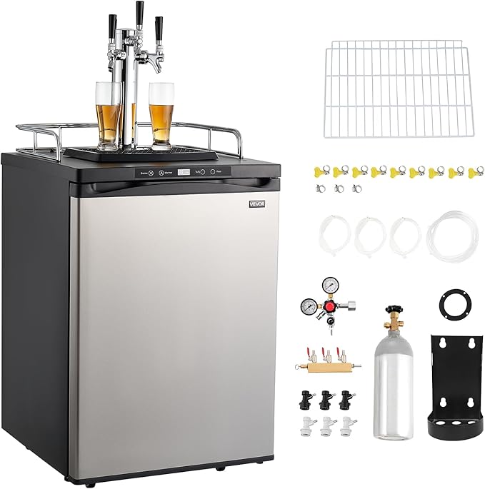 VEVOR Beer Kegerator, Triple Tap Commercial Draft Beer Dispenser for D system, Full Size Keg Refrigerator with 5lbs CO2 Tank, Hold 3 Sixth/2 Slim/3 Ball lock keg (3 taps - ball lock)