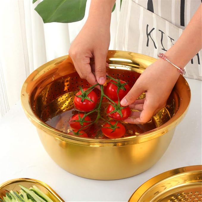 3-In-1 Multifunctional Grater Basin Colander Strainer Set, Mingcheng Stainless Steel Kitchen Grater/Drain Basket/Bottom Basin for Washing Rice, Fruits, Vegetable, Grater with Container (Silver)