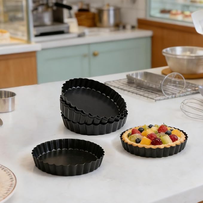 6 Pack 5 Inch Mini Tart Pans with Removable Bottom, Nonstick Round Quiche Pan Heavy Duty Fluted Sides for Tartlets, Mousse Cakes, Dessert Baking