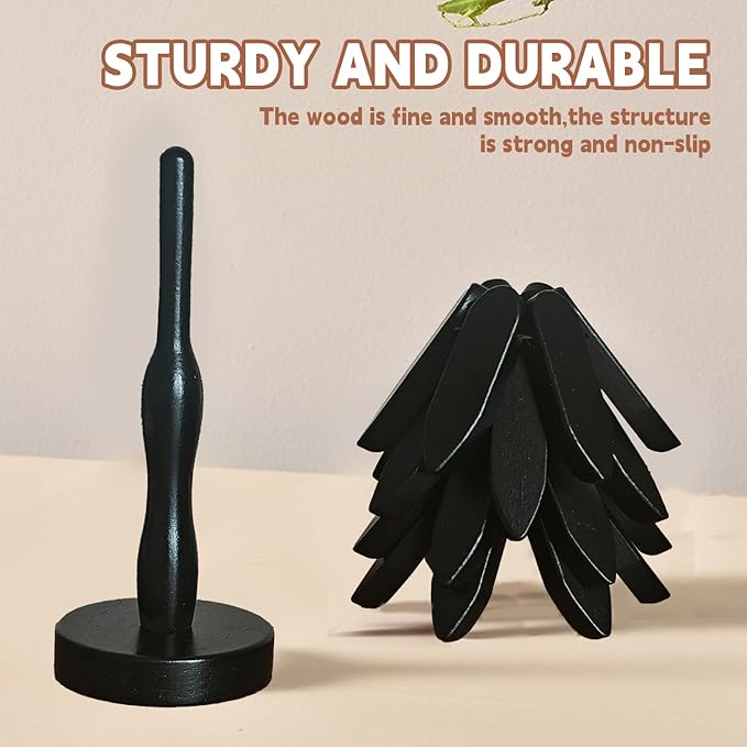 Natural Foldable Black Walnut Wooden Trivet Set - 4 Trivets + 1 Stand for Hot Dishes, Pot, Bowl, Teapot, Hot Pot Holders (Black)
