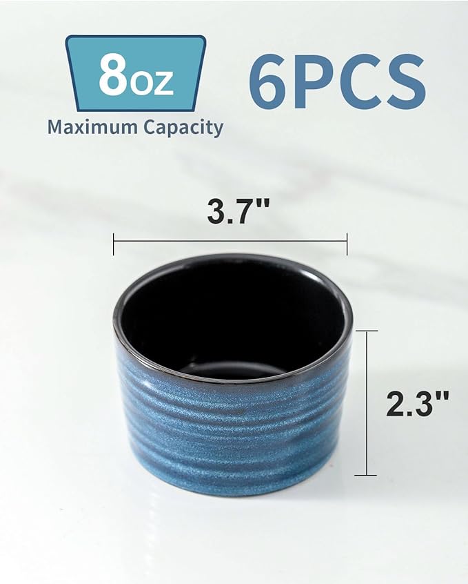 glowworm 8 oz Ramekins Set of 6, Ramekins Set of 6 for Creme Brulee Souffle, Porcelain Custard Cups for Baking, Oven, Microwave, Dishwasher Safe, Blue