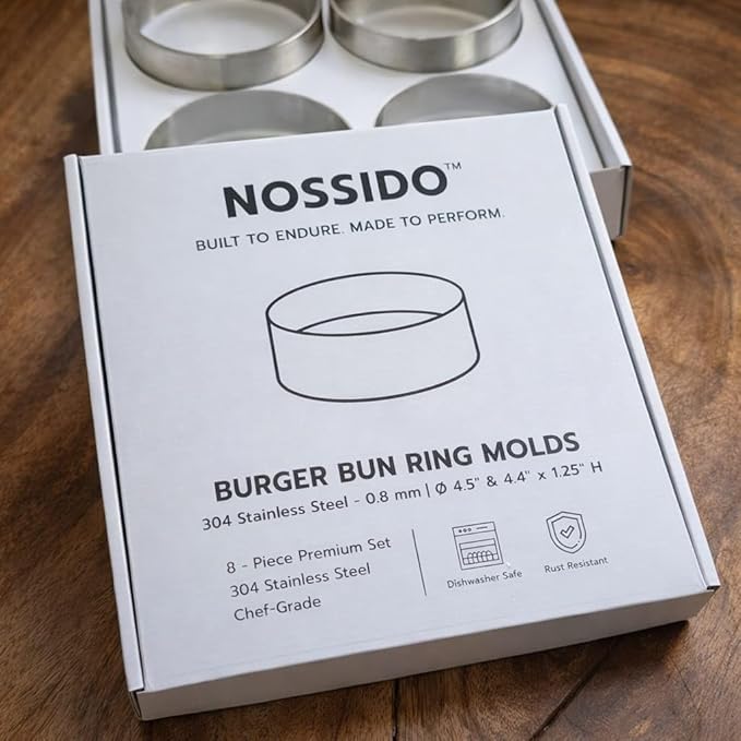 NOSSIDO 8-Piece 304 Stainless Steel Burger Bun Ring Mold Set - 4.5" & 4.4" Diameter - Perfect for Buns, Eggs, Pancakes, Mini Quiches, Desserts, and More | Durable, Versatile, and Ideal for Professional & Home Kitchens