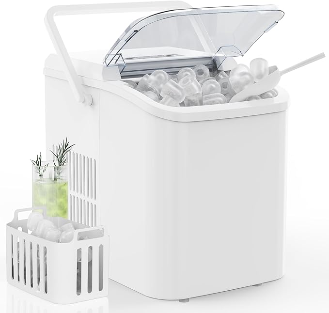 DUMOS Countertop Ice Maker with Handle, 26lbs/24H Portable Ice Machine, 9 Bullet Ice Cubes Ready in 6 Mins, Self-Cleaning, Quiet Compact Ice Maker for Home, Kitchen, RV, Camping, White