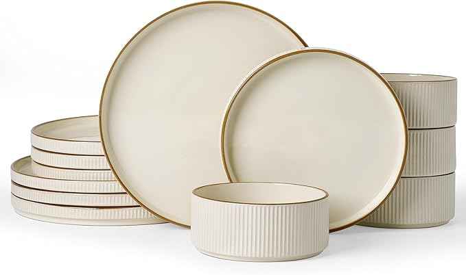 Famiware Star Dinnerware Set, Plates and Bowls Sets for 4 (12pcs), Ribbed Stoneware Dishes with Trim - Chip & Scratch Resistant, Microwave & Dishwasher Safe, Cream