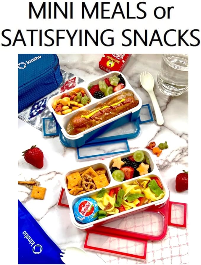 Small Snack Containers for Kids Toddlers - 3 Compartments (Set of 2) - Leak-Proof Boxes with Lids - BPA-Free Plastic Mini Bento Lunch Box - Ideal for School & Daycare, Holds 2 Cups (Red + Navy Blue)