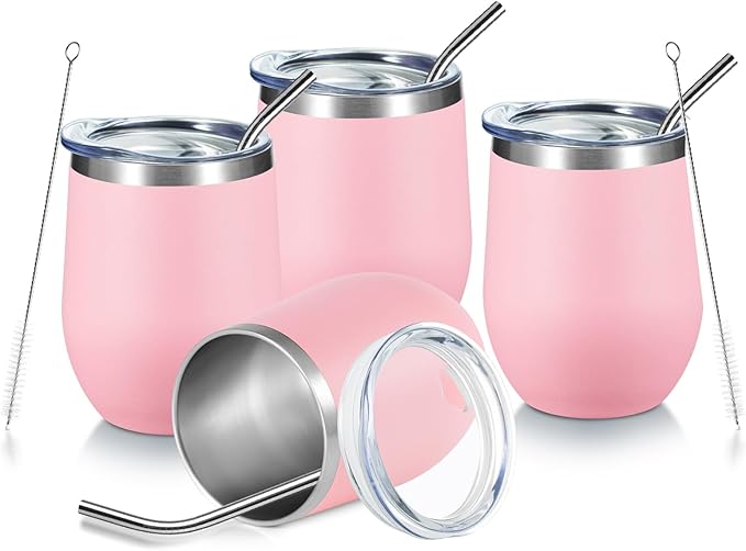 COMOOO Stainless Steel Wine Tumbler 4 Pack with Lid and Straw 12oz Double Wall Vacuum Insulated Travel Tumbler Cup Stemless for Hot and Cold Drinks,Coffee,Wine,Cocktails, Pink