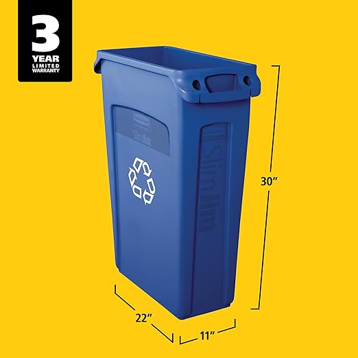 Rubbermaid Commercial Products Slim Jim Plastic Rectangular Recycling Bin/Trash Can with Venting Channels 23 Gal Blue for Kitchens/Classrooms/Offices/Back of House