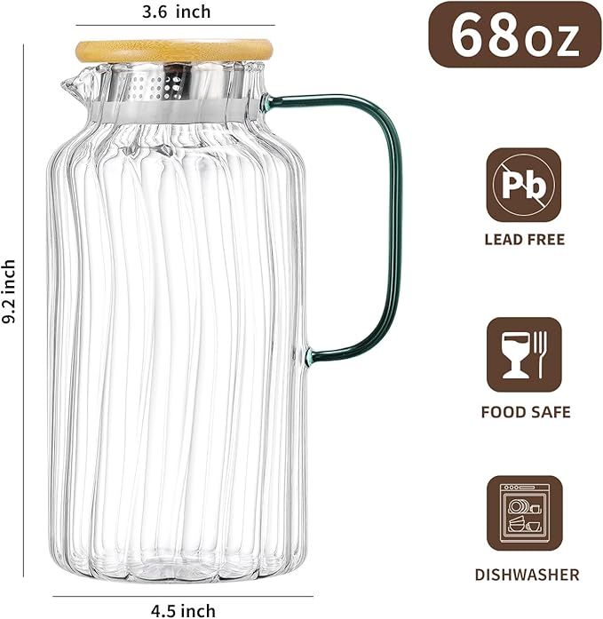 Buaic 2 PACK Glass Pitcher with Lid, 68 oz/ 2 Liter Classic Vertical Stripes Water Pitcher with Bamboo Lids,Glass Water Carafe for Cold Brew, Coffee, Lemonade, Iced Sun Tea,Beverage,Milk