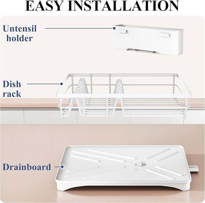 SNTD Dish Drying Rack for Kitchen Counter - Large Dish Rack with Drainboard, Rustproof Dish Drainer with Utensil Holder for Sink, White