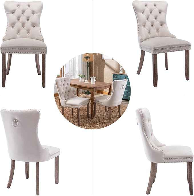 Beige Velvet Dining Chairs Set of 4, Upholstered Dining Room Chairs with Back Ring Pull Trim and Solid Wood Legs, Tufted Wingback Kitchen Chairs for Dining Room,Living Room,Kitchen(Beige)