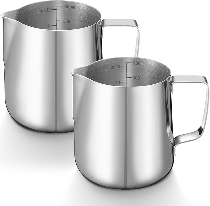 Honeydak 2 Pcs Milk Frothing Pitcher 304 Stainless Steel Steaming Pitchers for Coffee Bar Cappuccino Barista Tools Milk Jug Steamer Frother Cup (12 oz)