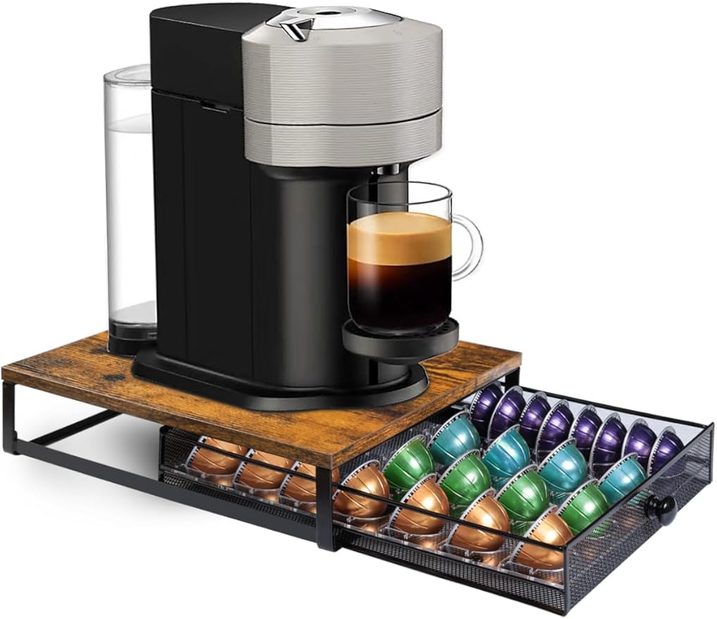 Sedegn Coffee Pod Holder Drawer Organizer Vertuo Capsules Storage Organizer with Sliding Drawer Compatible For Nespresso Vertuo Pods, Holds up to 56 Small or 28 Big Vertuo Pods Rustic Brown