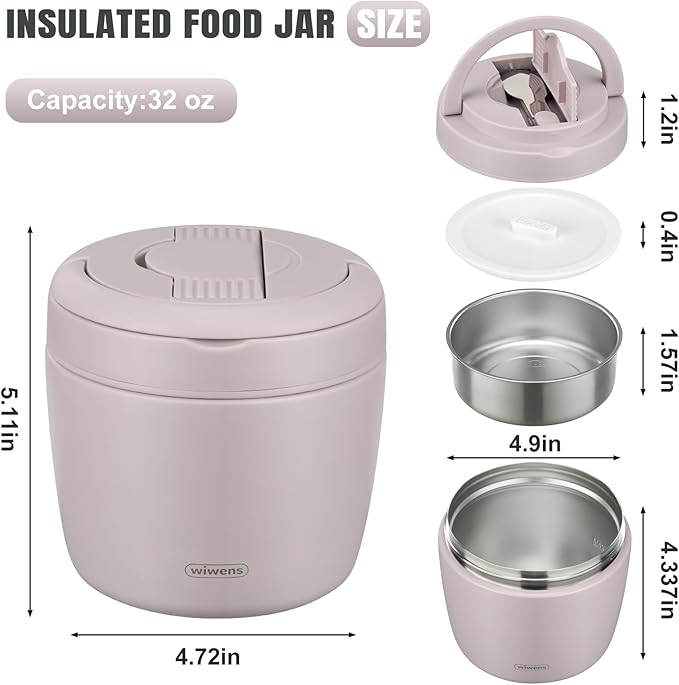 wiwens Thermo Food Jar for Hot Food Adults 32OZ Soup Thermo Lunch Containers Wide Mouth Vacuum Insulated Stainless Steel Leakproof Bento Box with Spoon (Purple)
